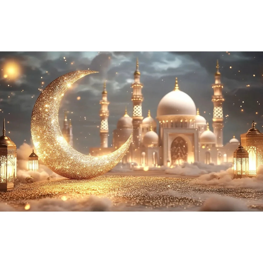 Golden Moon Eid Mubarak 2025 Decor Banner Background Lights Ramadan Kareem Islamic Building Muslim House Party Photo Backdrop