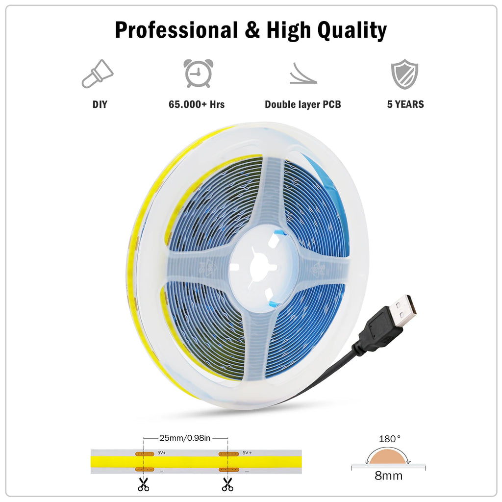 1M-5M USB COB LED Strip Light 5V 320leds/M COB Light Tape TV Mirror Backlight Kitchen Room Night Lighting Red/Blue/Green/White