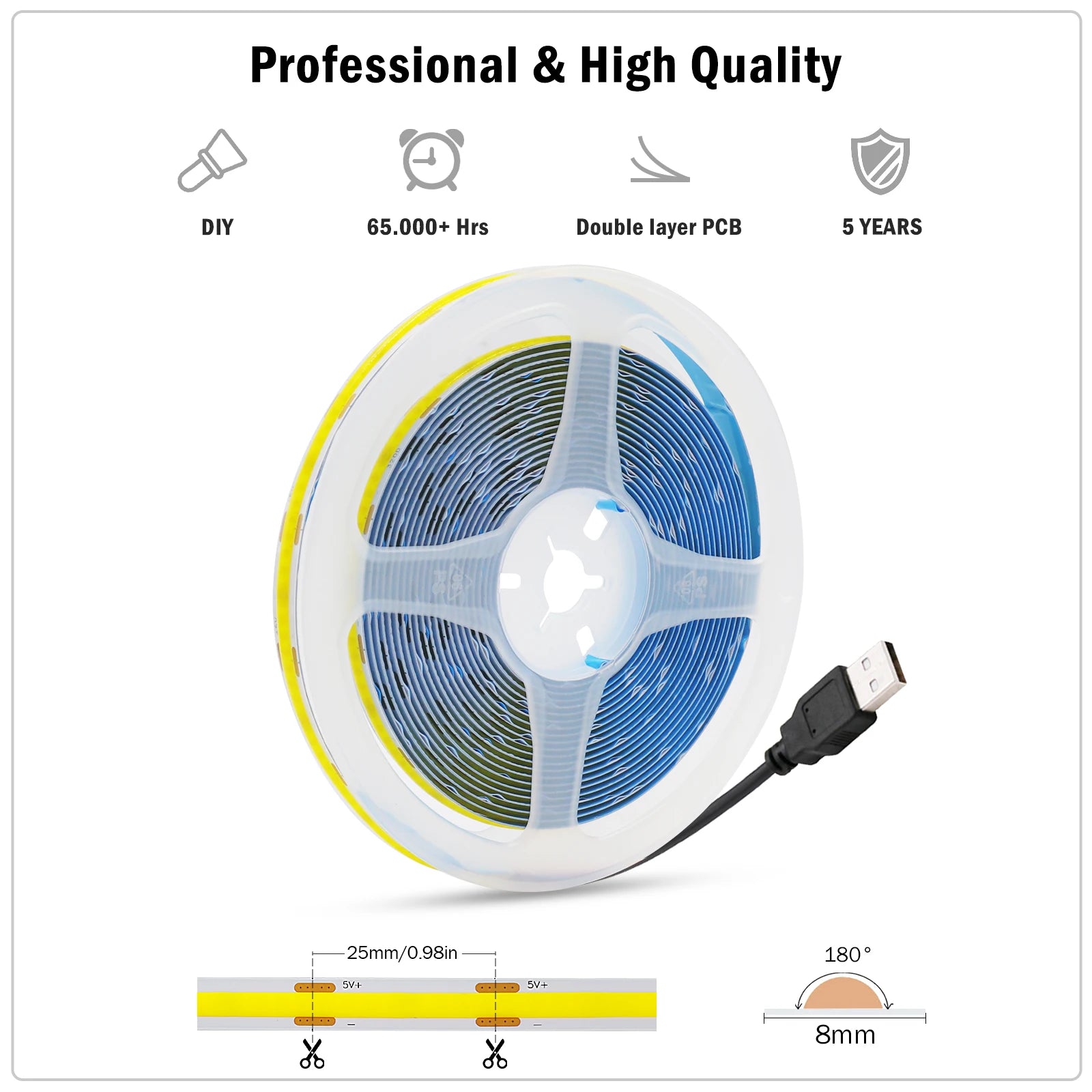 1M-5M USB COB LED Strip Light 5V 320leds/M COB Light Tape TV Mirror Backlight Kitchen Room Night Lighting Red/Blue/Green/White