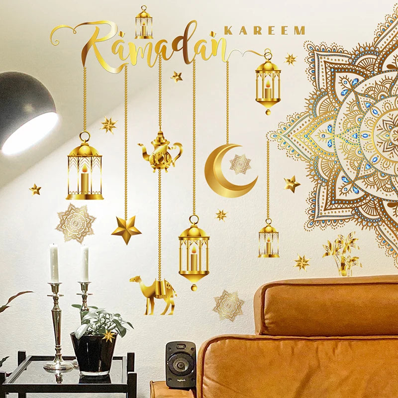 Eid Mubarak Wall Stickers Moon Star Lantern Ramadan Kareem Wall Decals Muslim Islamic Window Sticker Decorations for Home 2024
