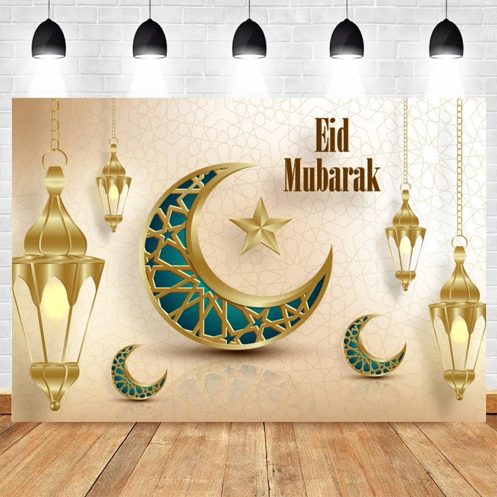 Ramadan Kareem Photography Backdrop EID Mubarak Islamic Mosque Lamps Moon Star White Cloud Photo Background Studio Poster Decor