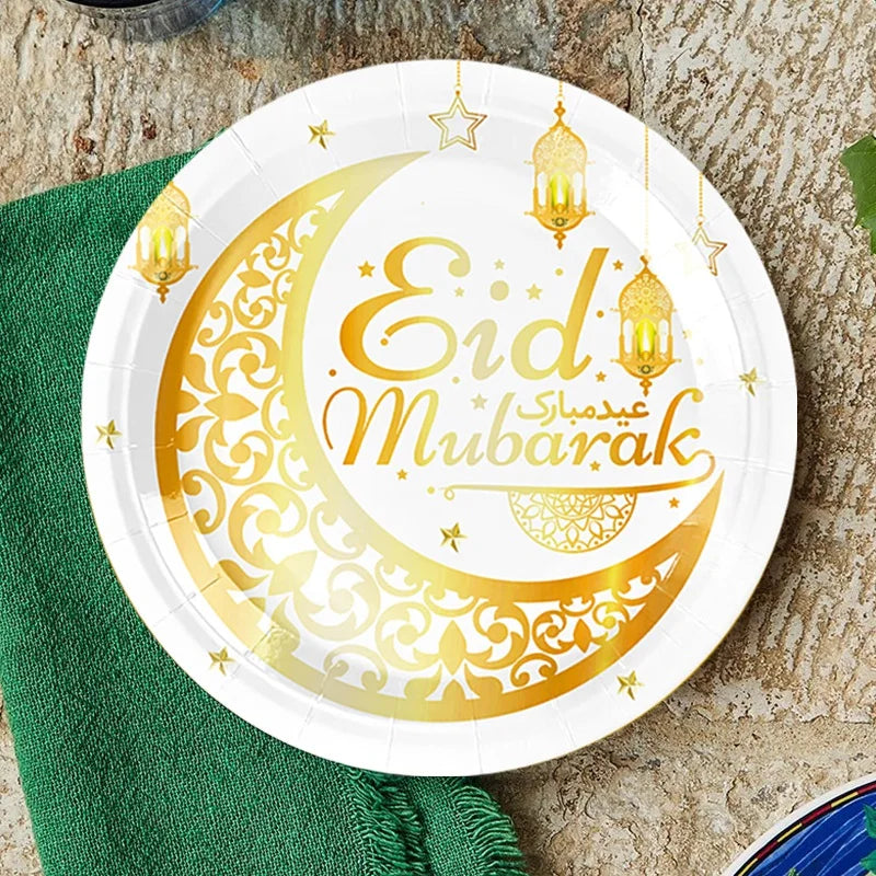 Eid Mubarak Party Tableware Set Disposable Plates Napkins Banner Tablecloth Ramadan Decorations Islamic Muslim Party Supplies