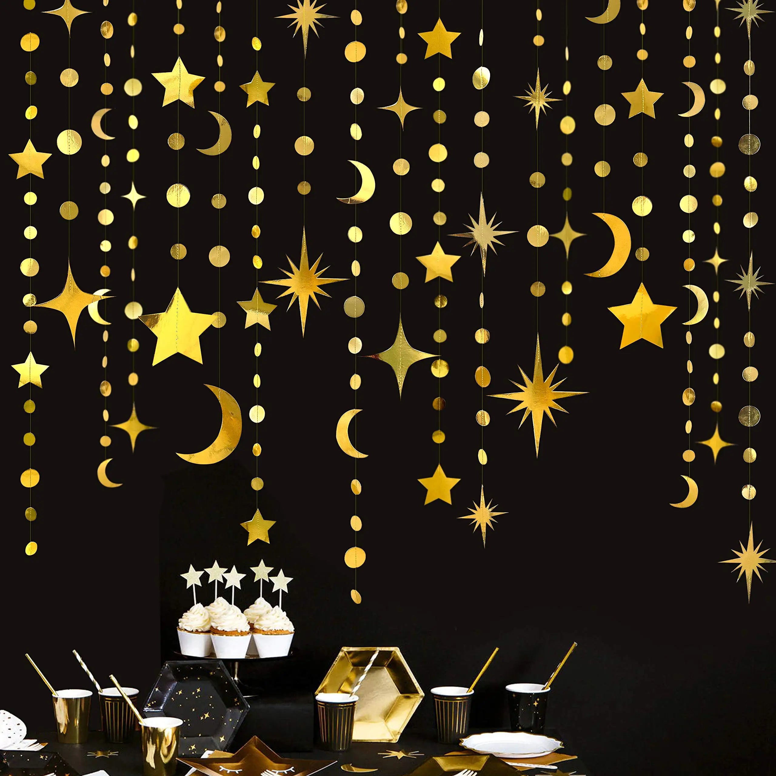 Gold Silver Moon Star Hanging Banner String Garland for Ramadan EID Kids Birthday Baby Shower Home Decorations