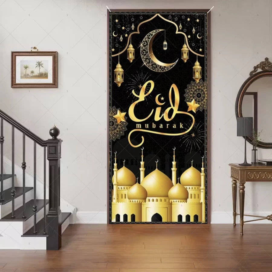 Ramadan Eid Door Cover Backdrop Supplies Moon Mosque Background Islamic Muslim Festival Theme Party Decoration Photography Props