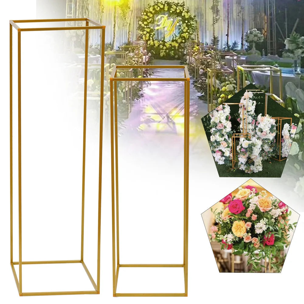2Pcs Tabletop Flower Stands Metal Square Floral Decor Vase Floor Column Holder Gold Display Rack Road Guide for Wedding Party