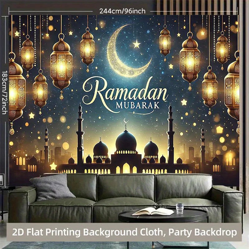 One 2D background cloth, Islamic Ramadan blessing light night scene background cloth, multi-functional polyester background
