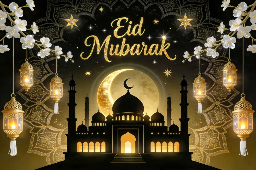 Eid Mubarak Hari Raya Theme Backdrop Islamic Architecture Crescent Moon Gold Decor For Festival Celebration Photo Booth Gift Pos