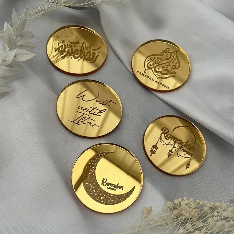 5pcs Eid Mubarak Acrylic Disc Cupcake Topper Charm Disc Muslim Islamic Ramadan Kareem Eid Al-Fitr iftar Dessert Table decoration