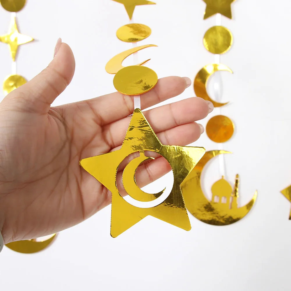 Gold Star Crescent Castle Hanging Garland - Ramadan Eid Party Decor - Moon Festival Streamer Ornament