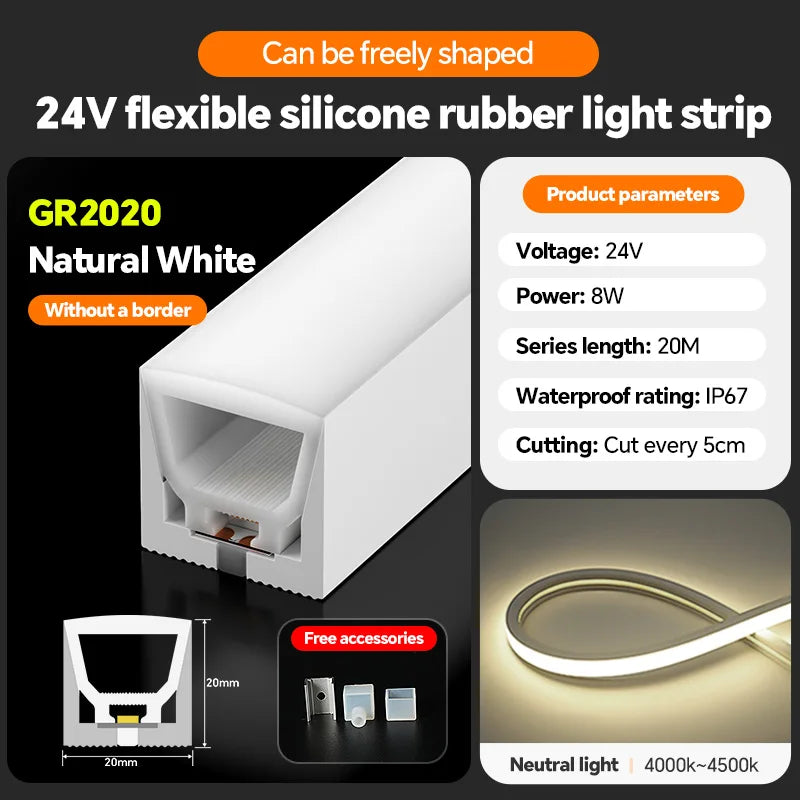 LED silicone light strip, linear light strip, embedded, 24V, waterproof, flexible, curved shape light