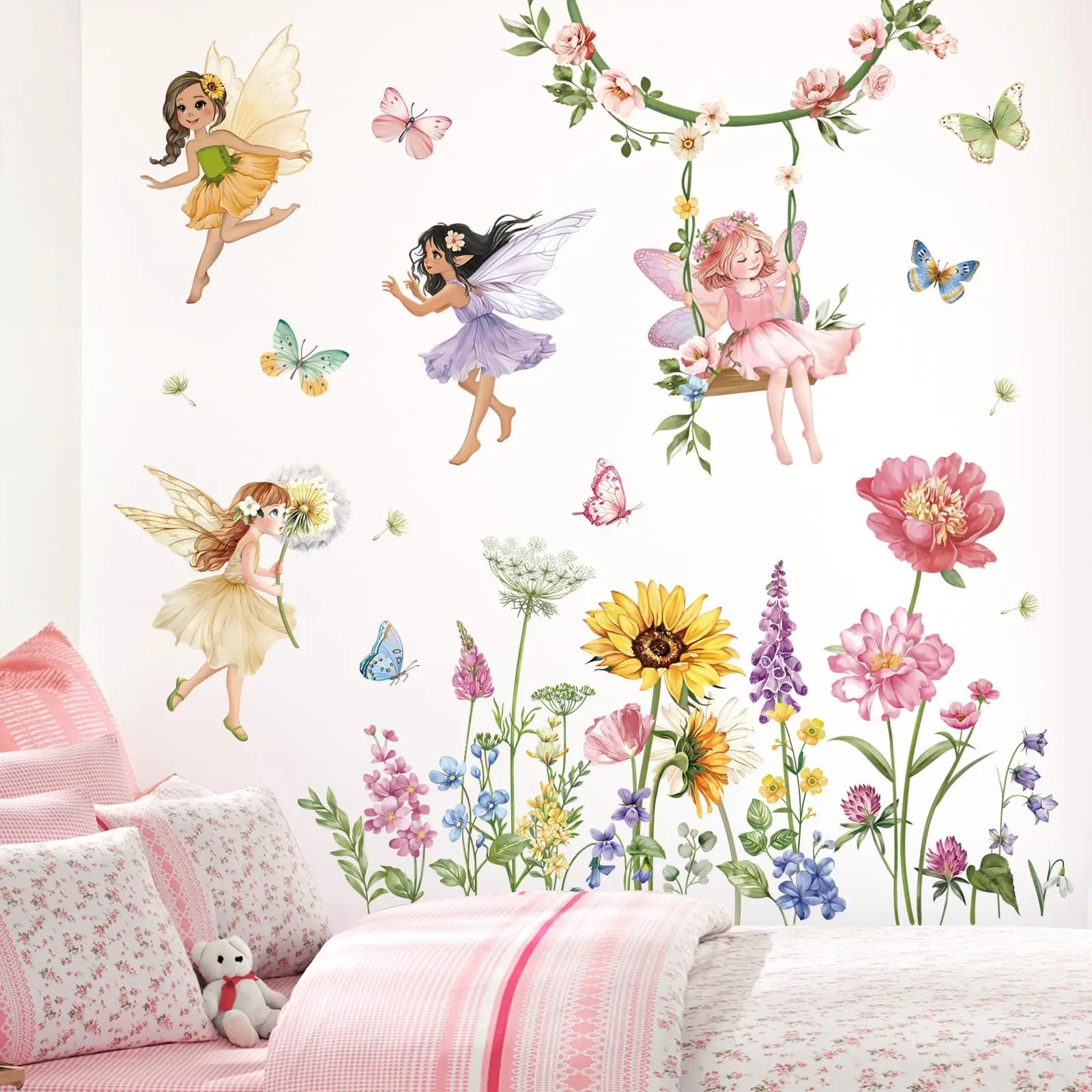 Cartoon Flower Fairy Swing Wall Decals Children Bedroom Butterfly Wildflower Sunflower Wall Stickers Baby Nursery Kids Decor