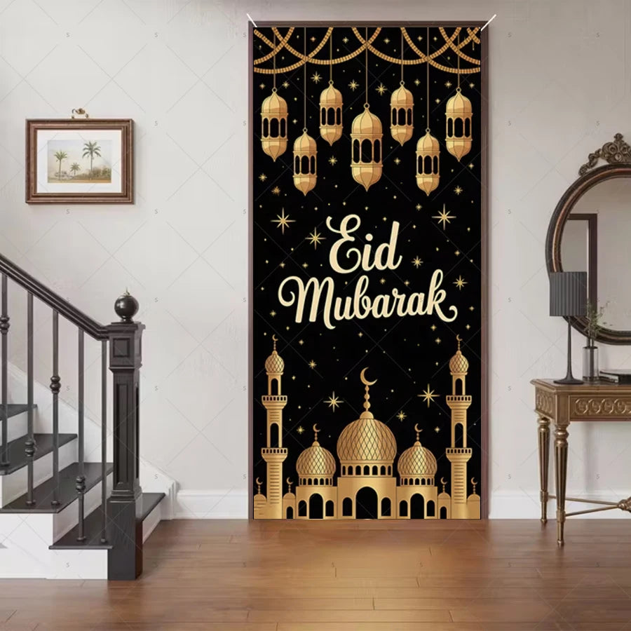 Ramadan Eid Door Cover Backdrop Supplies Moon Mosque Background Islamic Muslim Festival Theme Party Decoration Photography Props