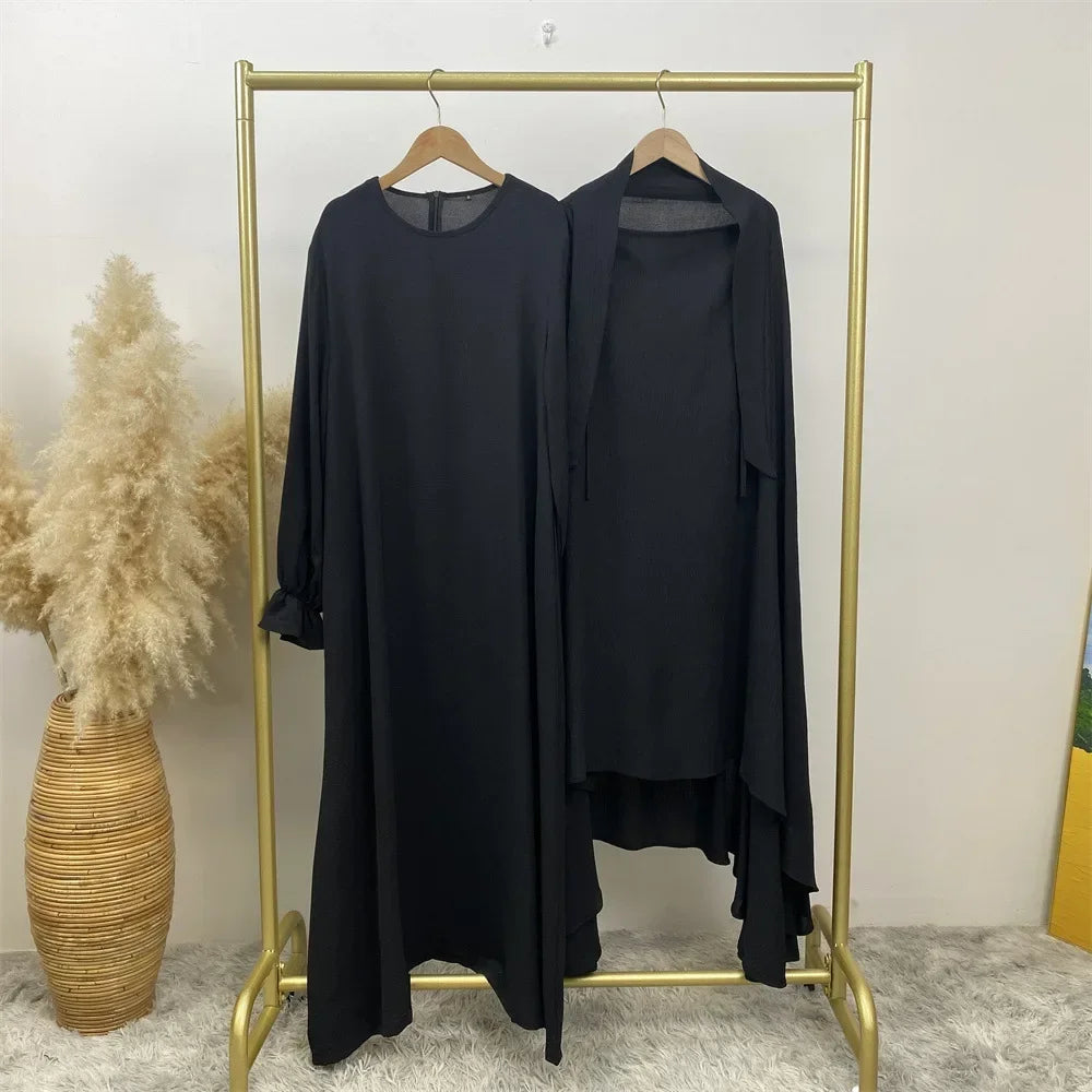 Dubai Turkey Kaftan Eid Ramadan Overhead Khimar Burqa Muslim Women Prayer Dress Set 2PCS Niqab Abaya Islamic Jalabiya Djellab