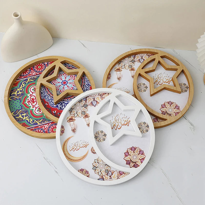1pc EID Mubarak Wooden Ornaments Decor Star And Moon Tray Ramadan Decoration Home Islamic Muslim Party Decor Party Supply