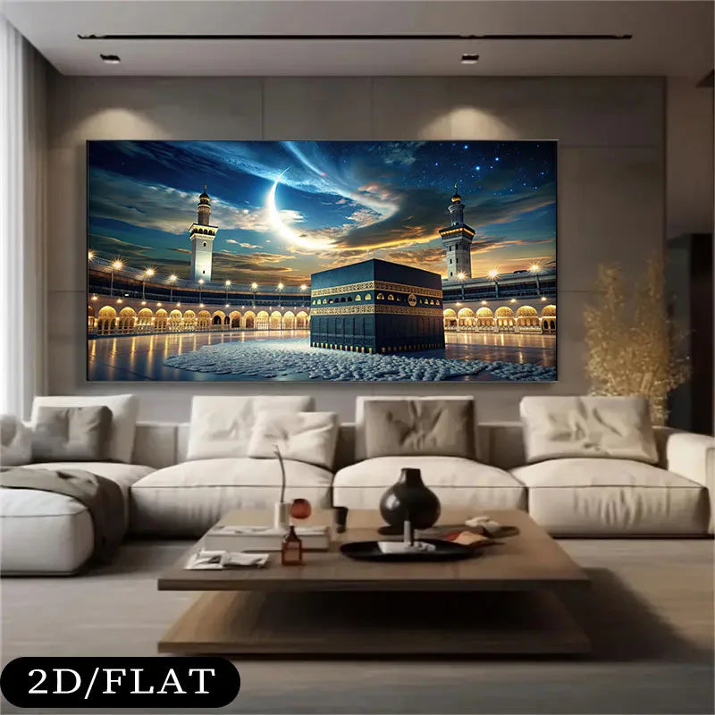 Kaaba At Mecca with Crescent Moon & Starry Sky Canvas Painting Wall Art, Frameless Large Islamic Wall Art for Living Room Decor