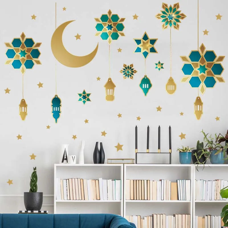 Ramadan Kareem Wall Stickers Moon Star Lantern Wall Decal 2024 Eid Mubarak Decorations for Home Muslim Islamic Party Decorations