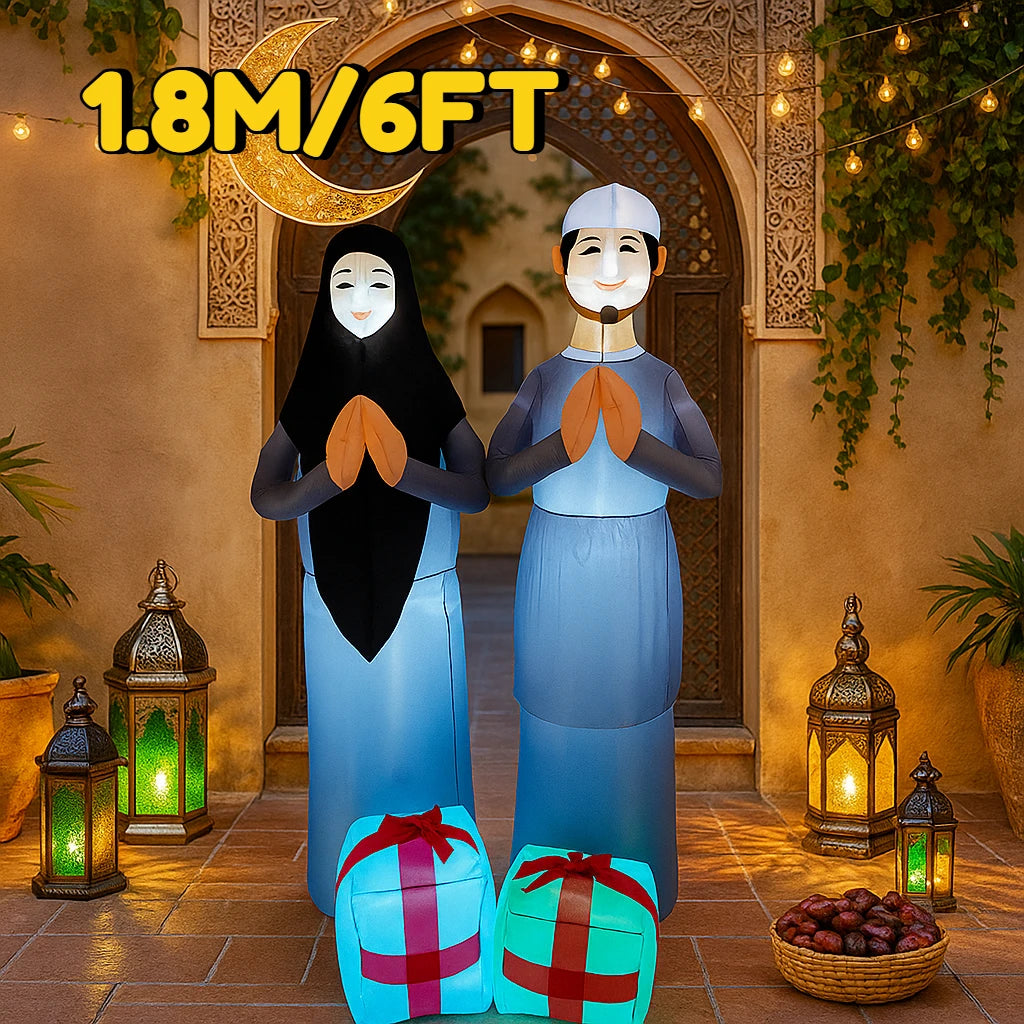 6FT Ramadan Muslim Themed Inflatable Praying Figure Decor Blue Outfit Crescent Lantern Islamic Ramadan Inflatable For Yard