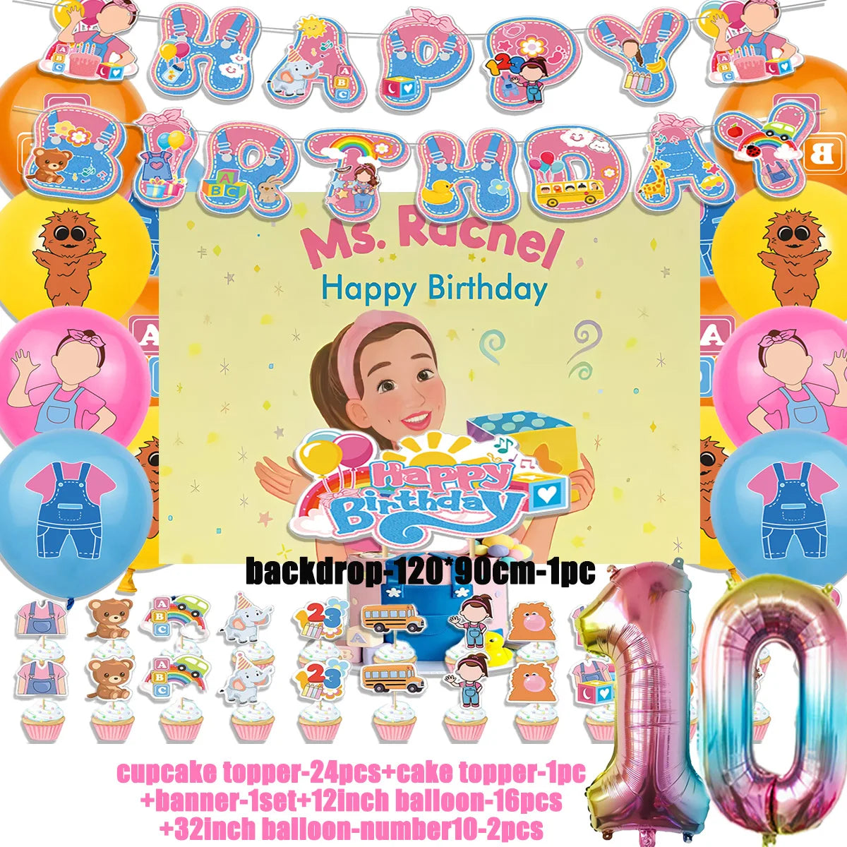 Cartoon English Teacher Theme Child Birthday Party Decor Ms&Racheled Balloon Banner Backdrops Cupcake Toppers for Kids Gifts