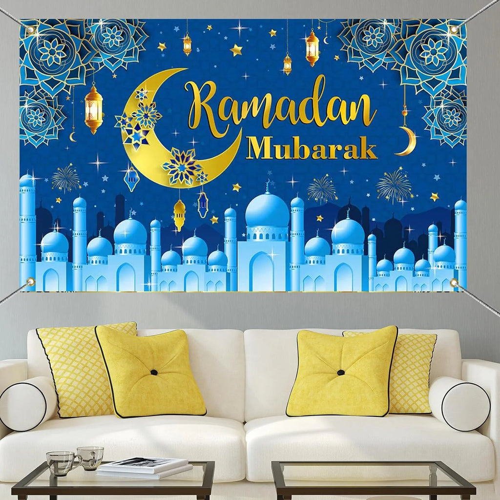 VIKAMA Ramadan Mubarak Decoration Background Banner Blue Eid al Fitr Decoration Family Muslim Ramadan Photo Booth Props