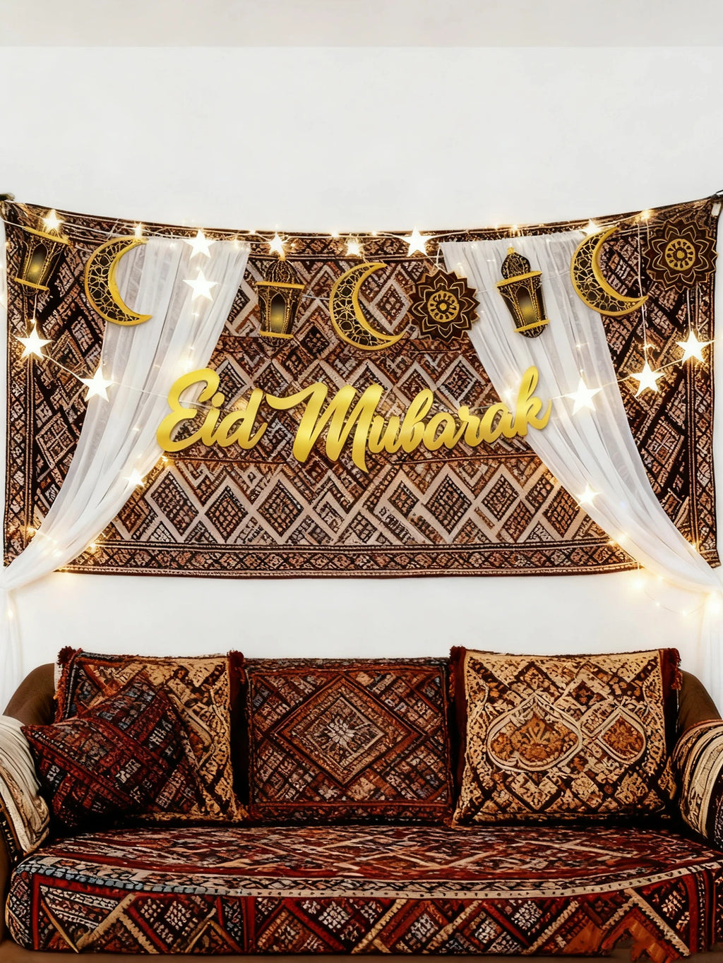 1pc Eid Mubarak Wall Hanging Golden Moon Lantern Floral Pattern Banner Festive Home Decor for Ramadan &Eid Party Decoration Gift