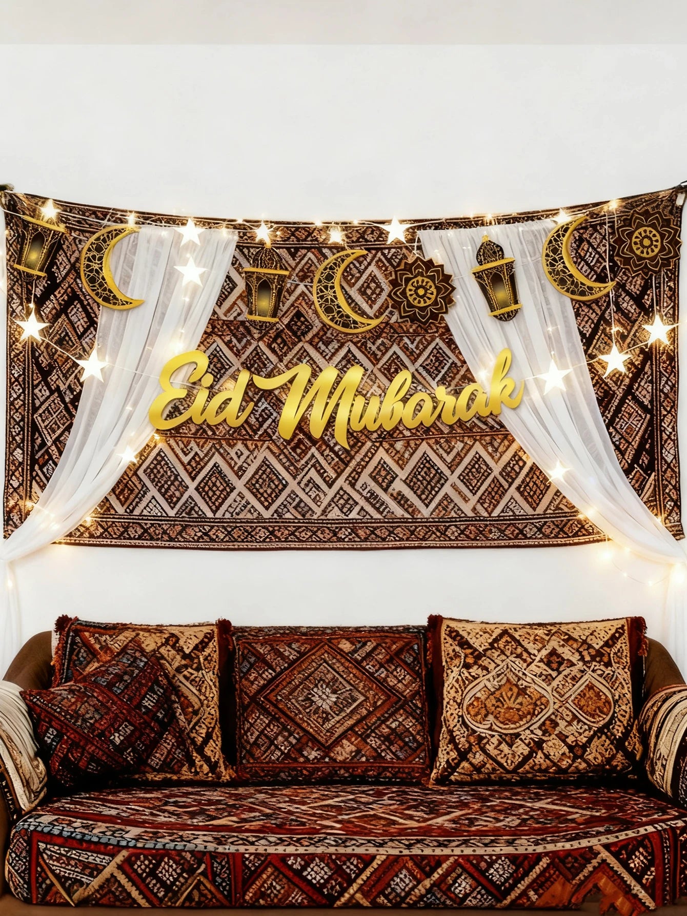 1pc Eid Mubarak Wall Hanging Golden Moon Lantern Floral Pattern Banner Festive Home Decor for Ramadan &Eid Party Decoration Gift