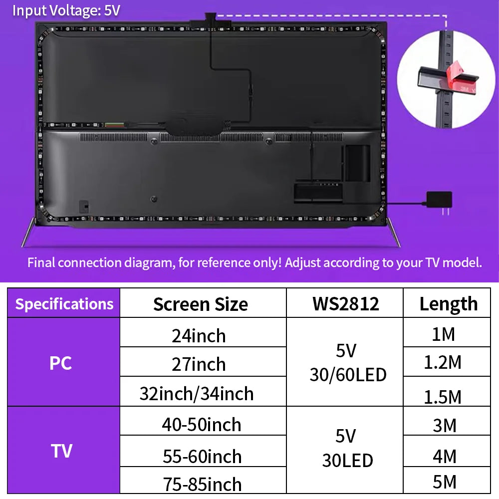 WS2812 Camera Ambient Smart TV LED Backlight TV&PC LED black light Color Sync Tuya LED Light For Inch Tv Pc Led RGB Tape Screen
