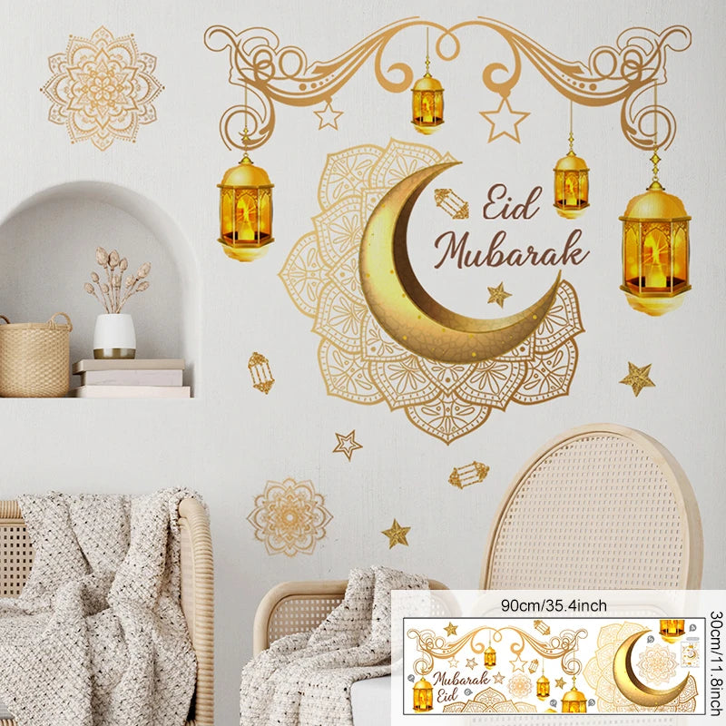Eid Mubarak Wall Stickers Moon Star Lantern Ramadan Kareem Wall Decals Muslim Islamic Window Sticker Decorations for Home 2024