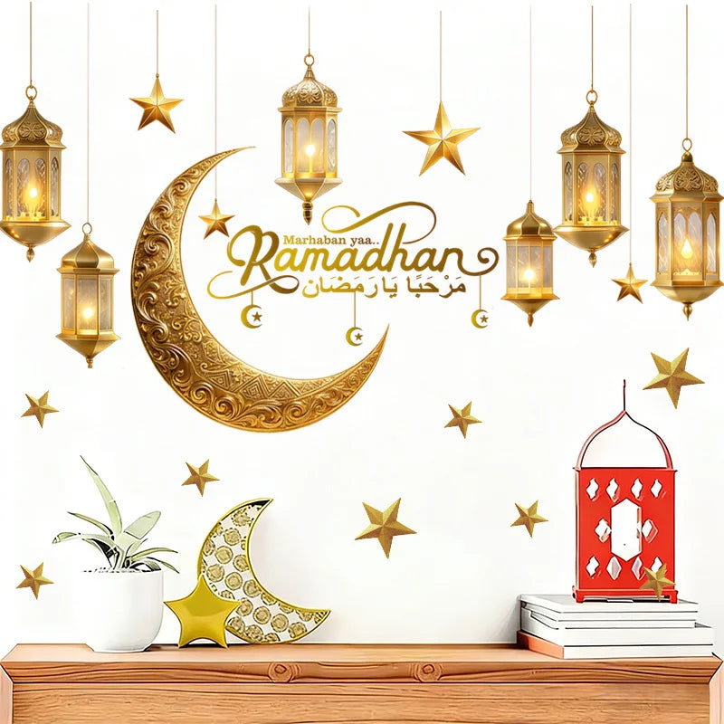 Ramadan Wall Decor Stickers Islamic Muslim Wall Decals Eid Mubarak Ramadan Lantern Moon Star Window Decor for Home Decorations