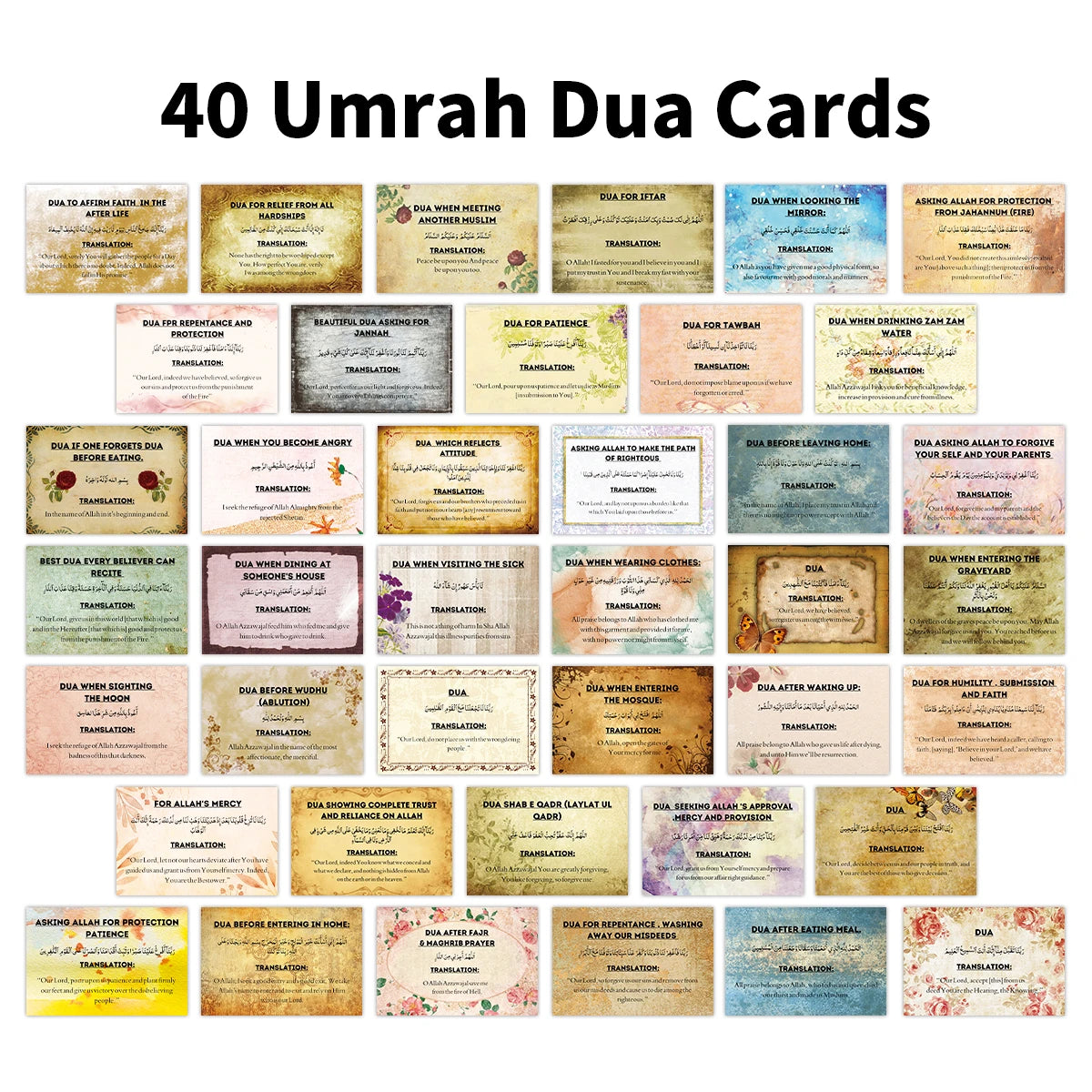 40pcs Vintage Quran Dua Cards For Ramadan-Arabic&English Islamic Prayer Cards For Umrah,Salah,Iftar,Mosque,Muslim Daily Worship