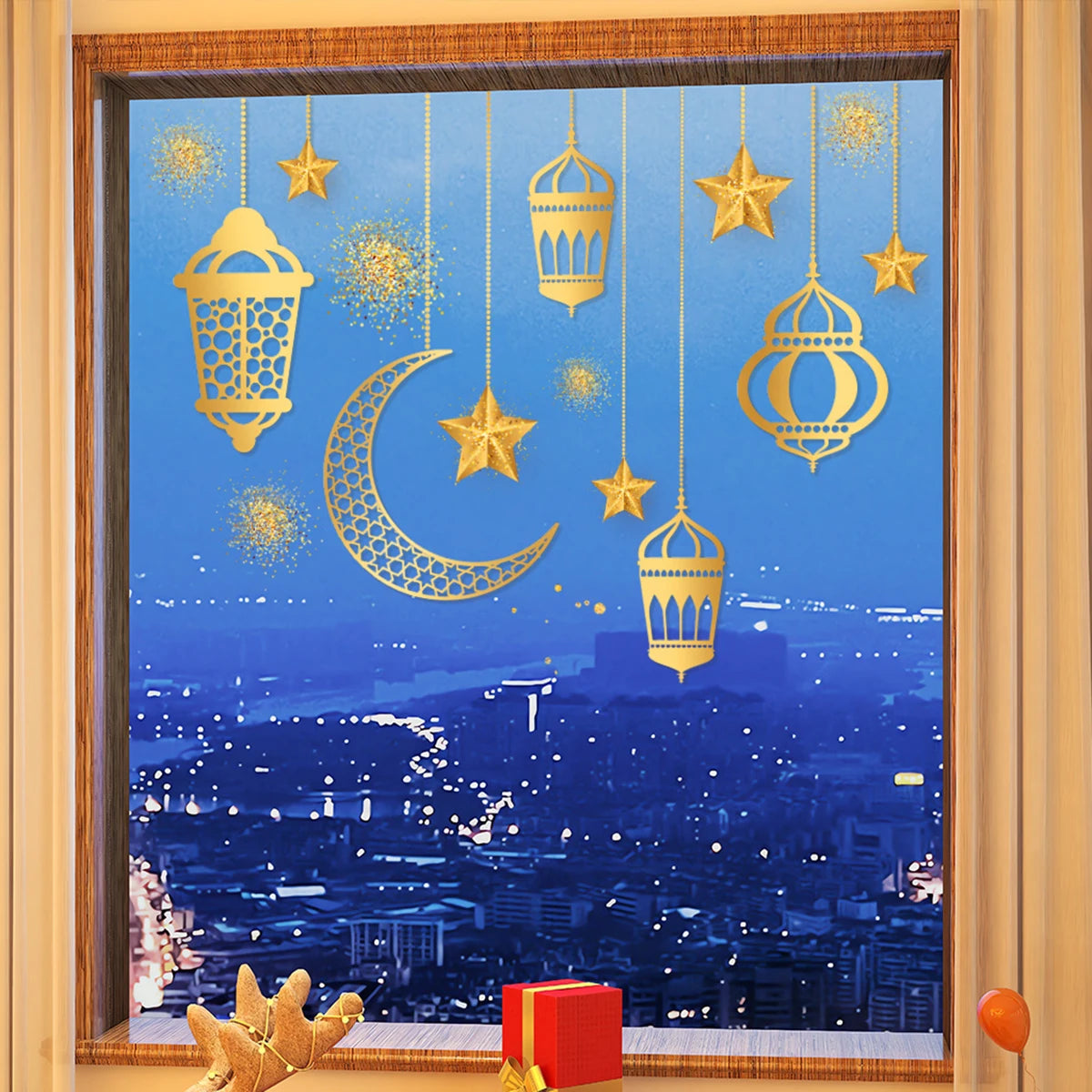 Ramadan Festival Stickers Star Moon Light Shadow Gold-Vermeil Wishing Removable Static Cling Home Decor Stickers