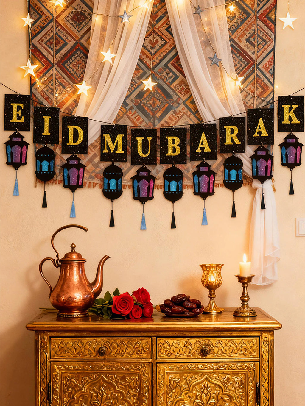 Eid Mubarak Banner with Lantern Tassels Ramadan Kareem Islamic Festival Party Decor Muslim Home Wall Hanging for Eid Adha Gifts