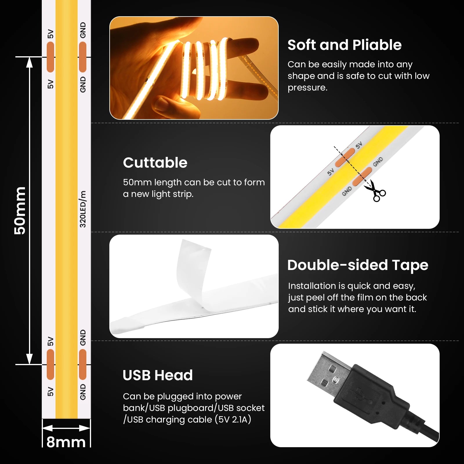 USB Dimmable COB LED Strip Light 3MM 5MM 8MM RA90 High Density 320LEDs/M 3000K 4000K 6500K FOB Flexible Ribbon Tape Rope Lamp