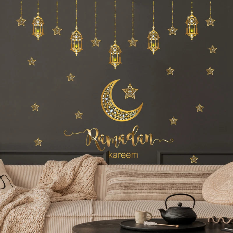 2025 Ramadan Mubarak Window Sticker EID Mubarak Moon Star Wall Stickers for Home Decoration Islamic Muslim Party Supplies Gifts