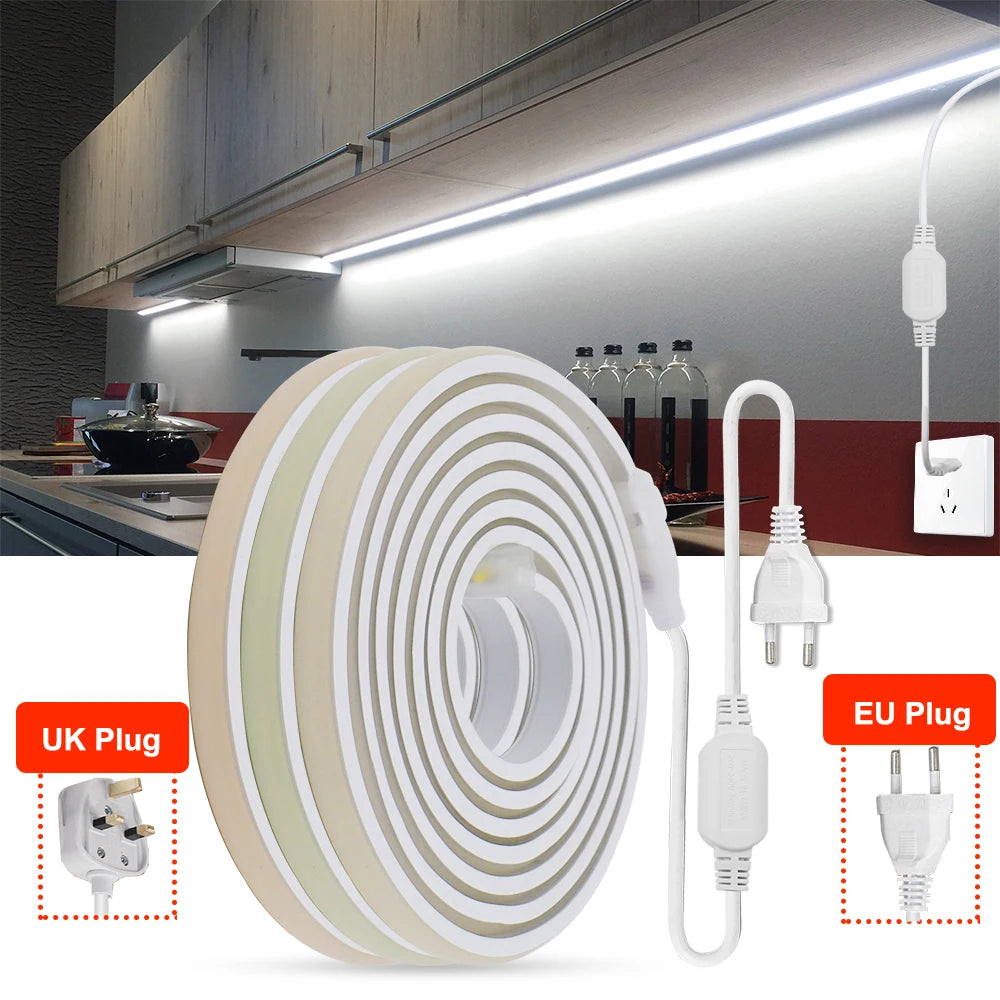 COB LED Strip Neon Light 220V EU UK Plug 288LEDs/M RA90 Flexible Tape Waterproof Led Ribbon for Kitchen Outdoor Garden Lighting
