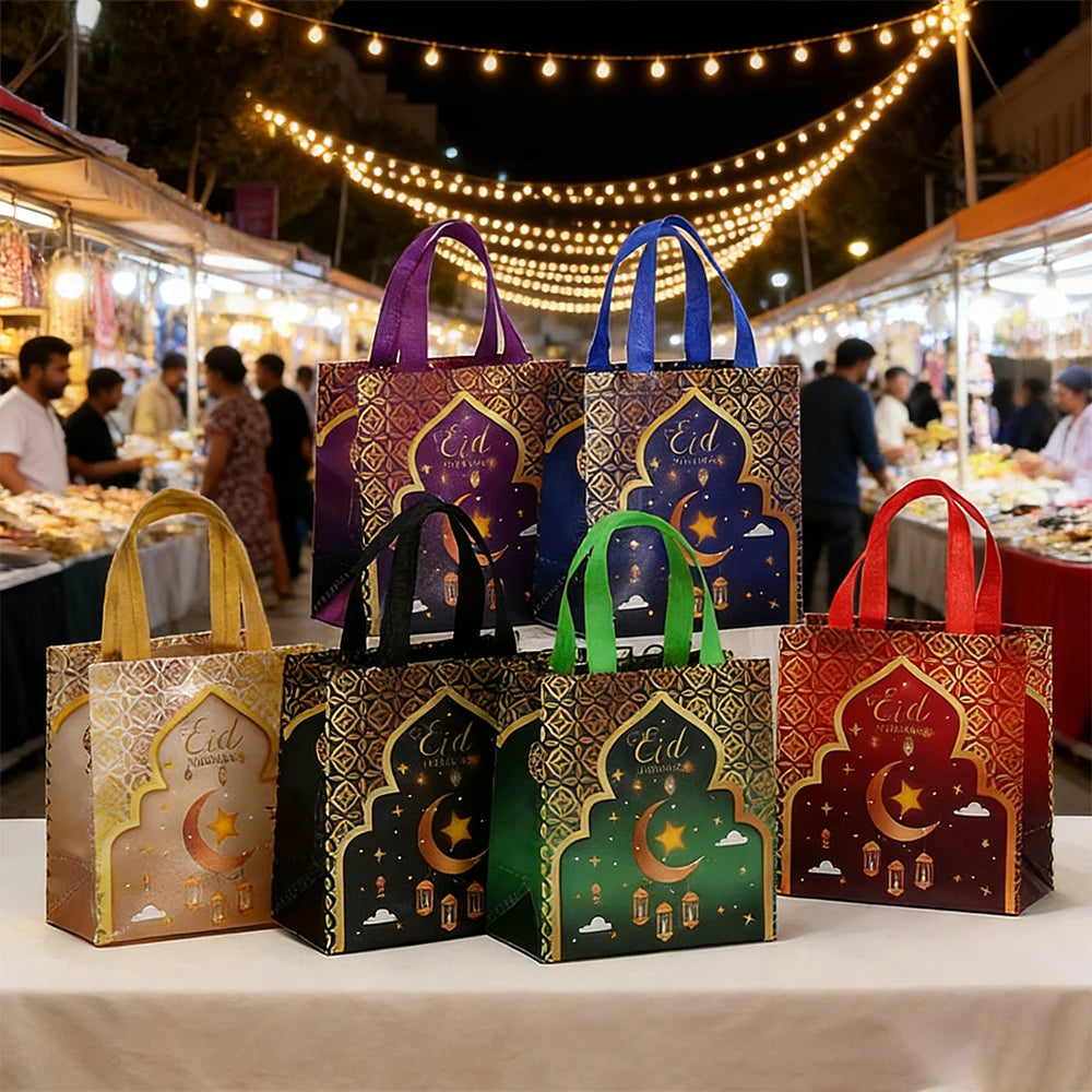 6/12pcs Eid Mubarak Non-Woven Gift Bags with Handle Ramadan Gift Packaging Bag Ramadan Kareem Decor Islamic Festival Party Favor