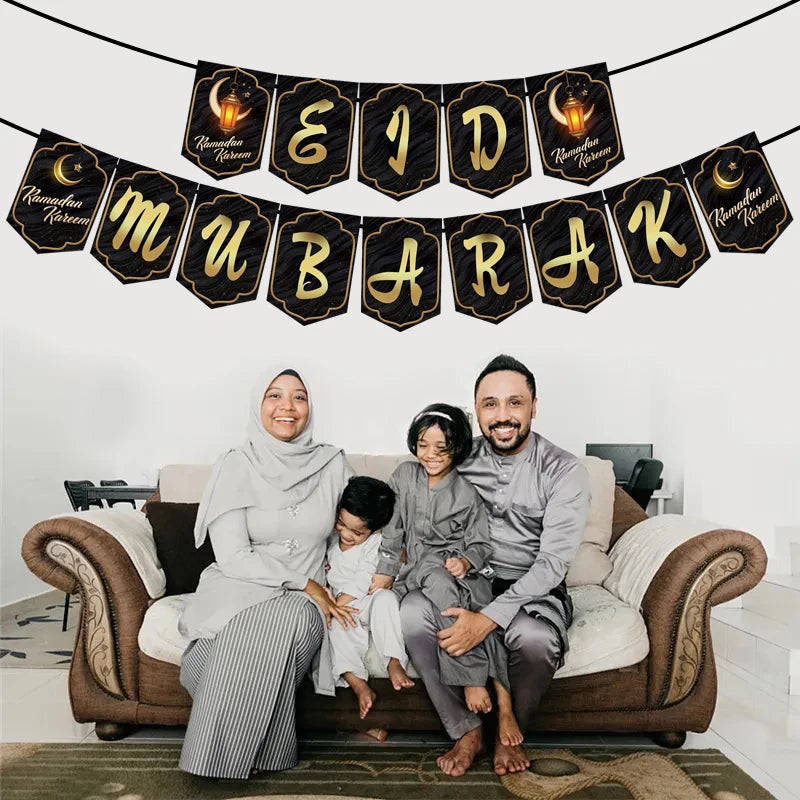 Ramadan Mubarak Banner Bunting Garland Eid Mubarak Lantern Moon Castle Sign Festival Celebration Wall Hanging Party Decorations