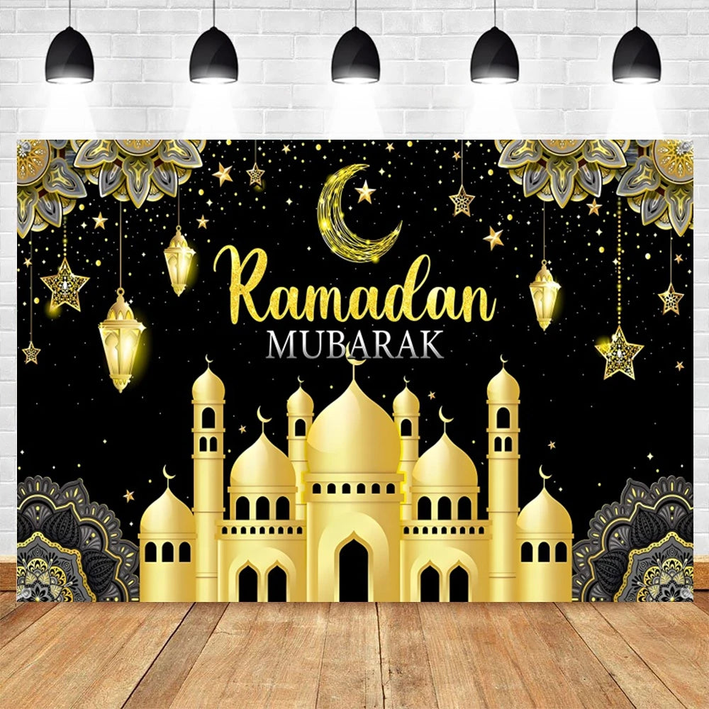Ramadan Kareem Photography Backdrop EID Mubarak Islamic Mosque Lamps Moon Star White Cloud Photo Background Studio Poster Decor