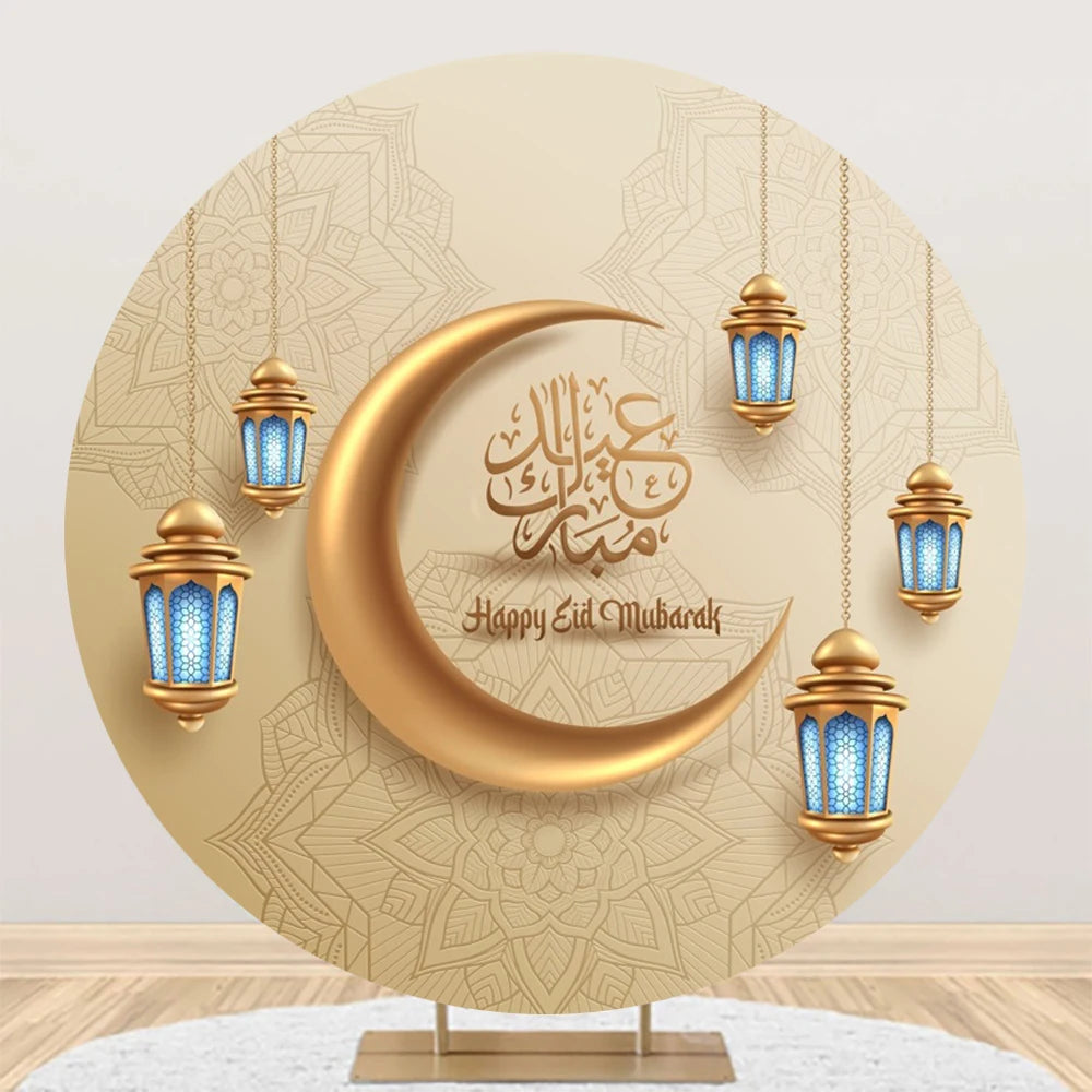 Eid al Fitr Mubarak Round Backdrop Cover Arab Ramadan Karim Golden Moon Star Cloud Lantern Party Decor Banner Photo Stall Props