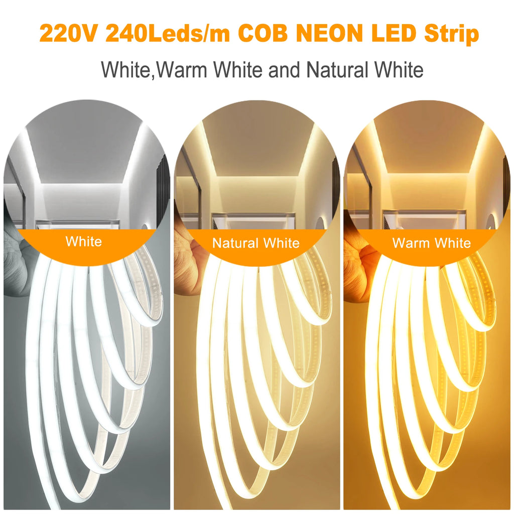 IP65 COB Self-adhesive Tape LED Neon Light Strips AC 230V RA90 Waterproof Outdoor Garden FOB Ribbon Lamp 2Pin Wire/EU Power Plug