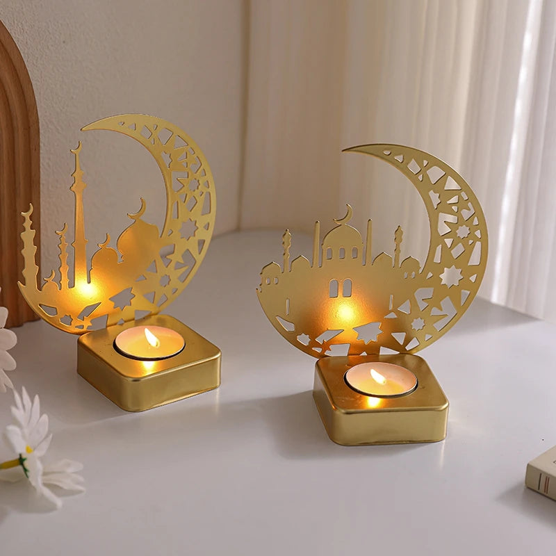 Ramadan Candlestick Home Decor Eid Mubarak Candle Holder Table Ornament Muslim Festival Party Crescent Moon Star Decor