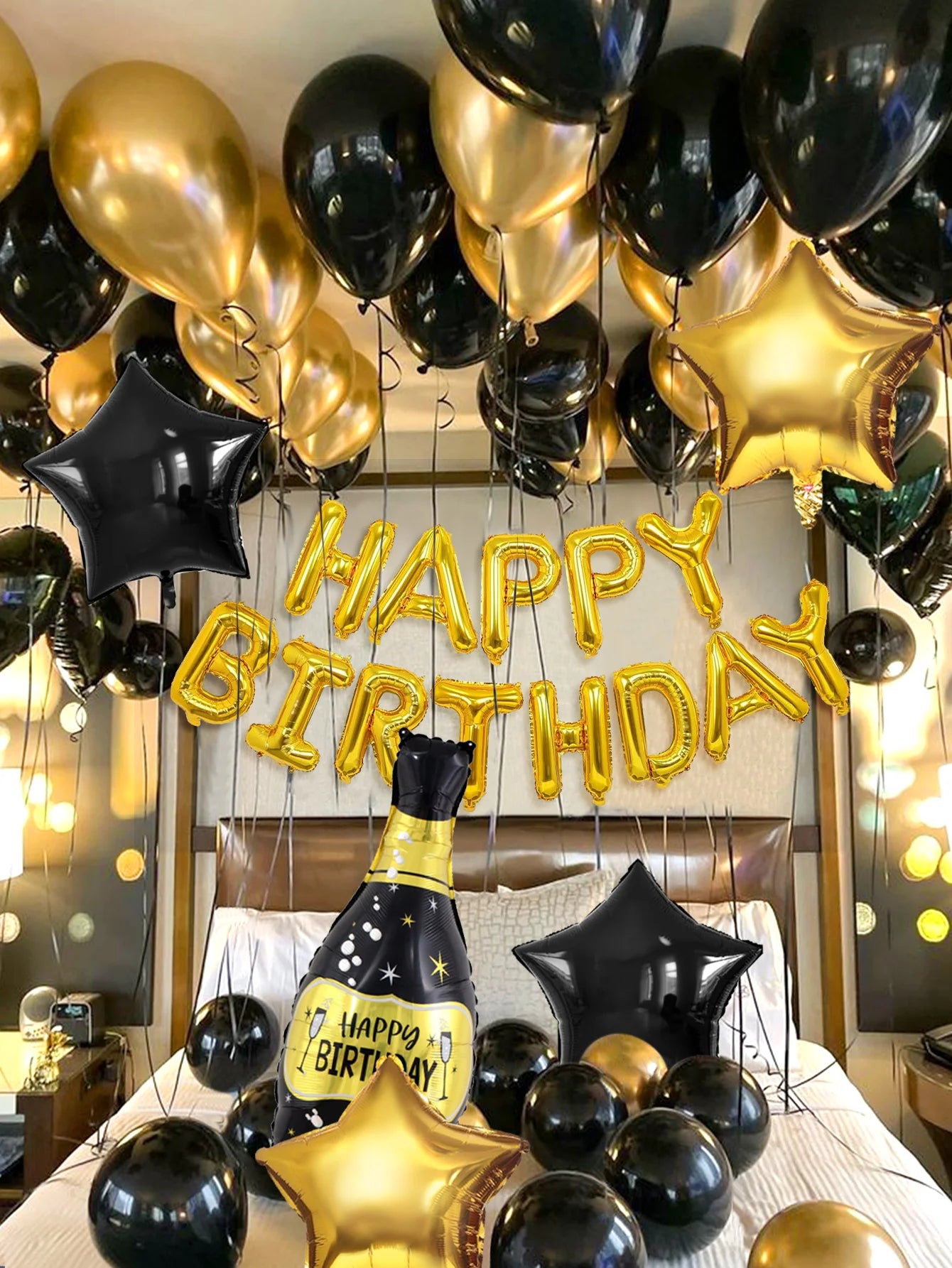 43pcs black and gold "Happy Birthday" letter balloon set, suitable for birthday party decorations, anniversary parties