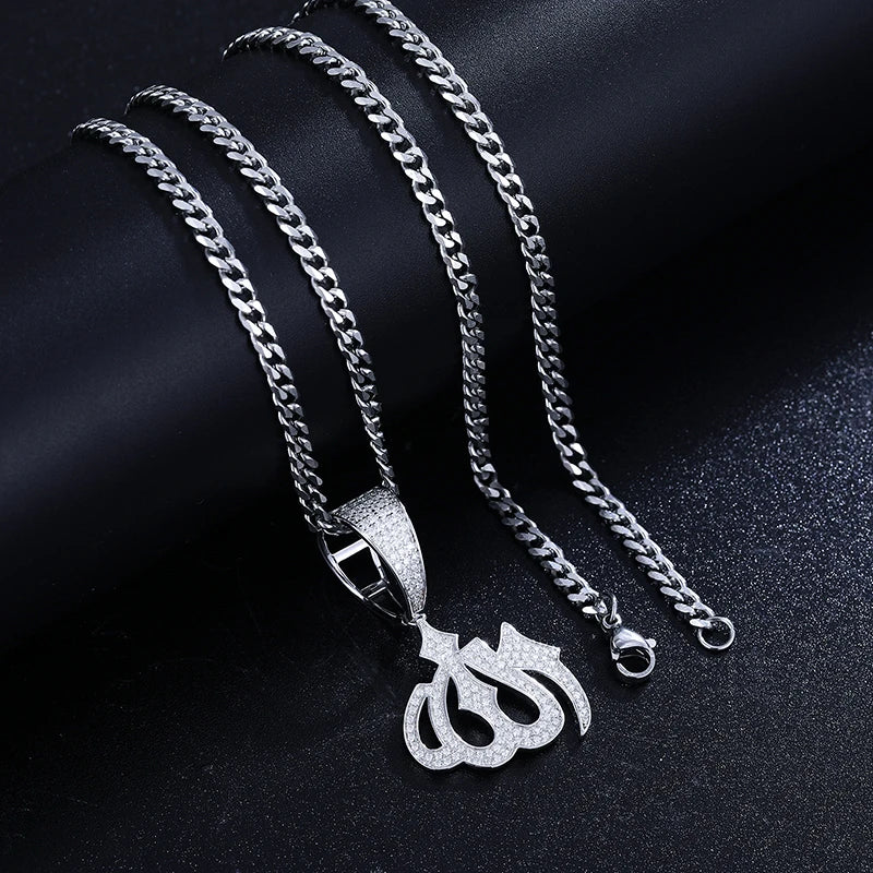 Moissanite Sparkling Full Diamond Islam Muslim Rune Pattern Pendant Allah Religious Necklace 925 Sterling Silver Men's Jewelry