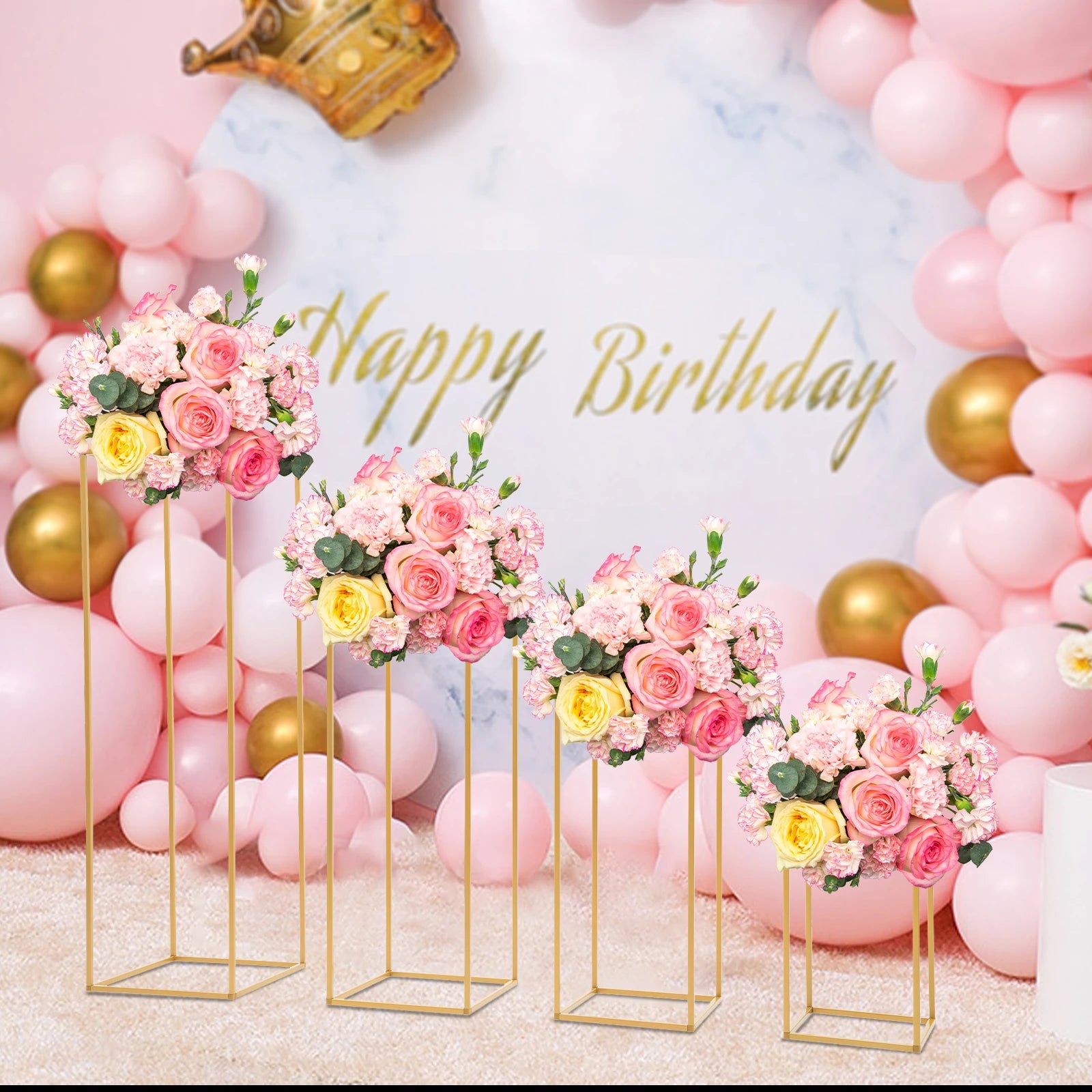 4Pcs Gold Metal Flower Stand Set Rectangular DIY Wedding Party Centerpieces for Table Decor