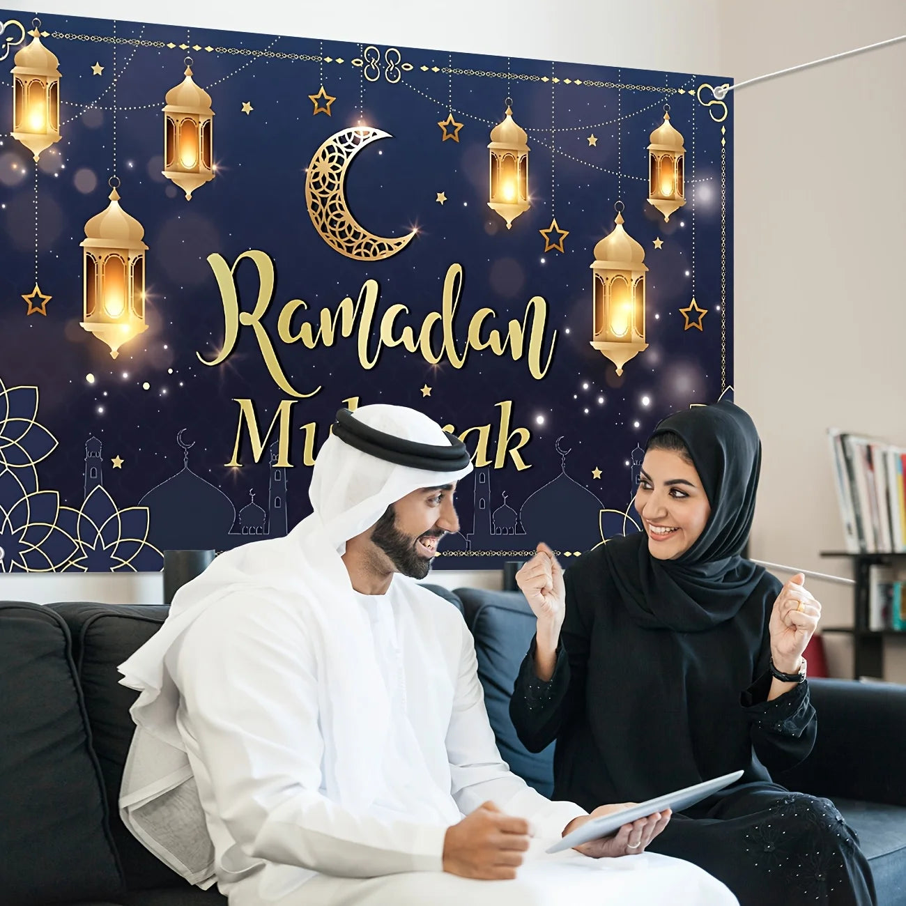 1pc Ramadan Mubarak Banner Blue polyester Eid al-Fitr indoor/outdoor decoration, festival hanging for family gatherings