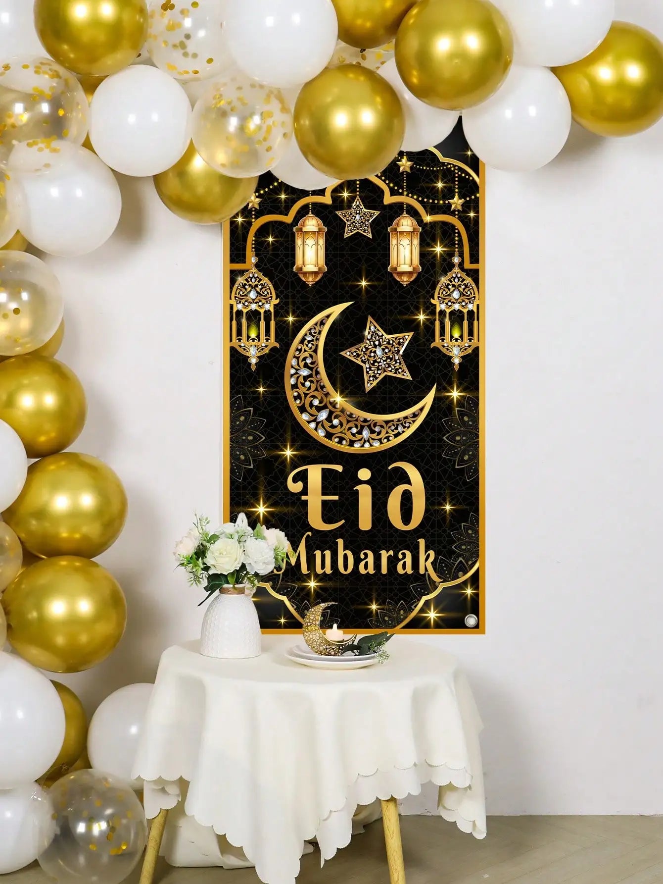 1 Piece Eid Mubarak Door Curtain Black Gold Star and Moon Lantern Decoration Hanging Curtain Islamic Style Festival Door Decoration Hanging Cloth