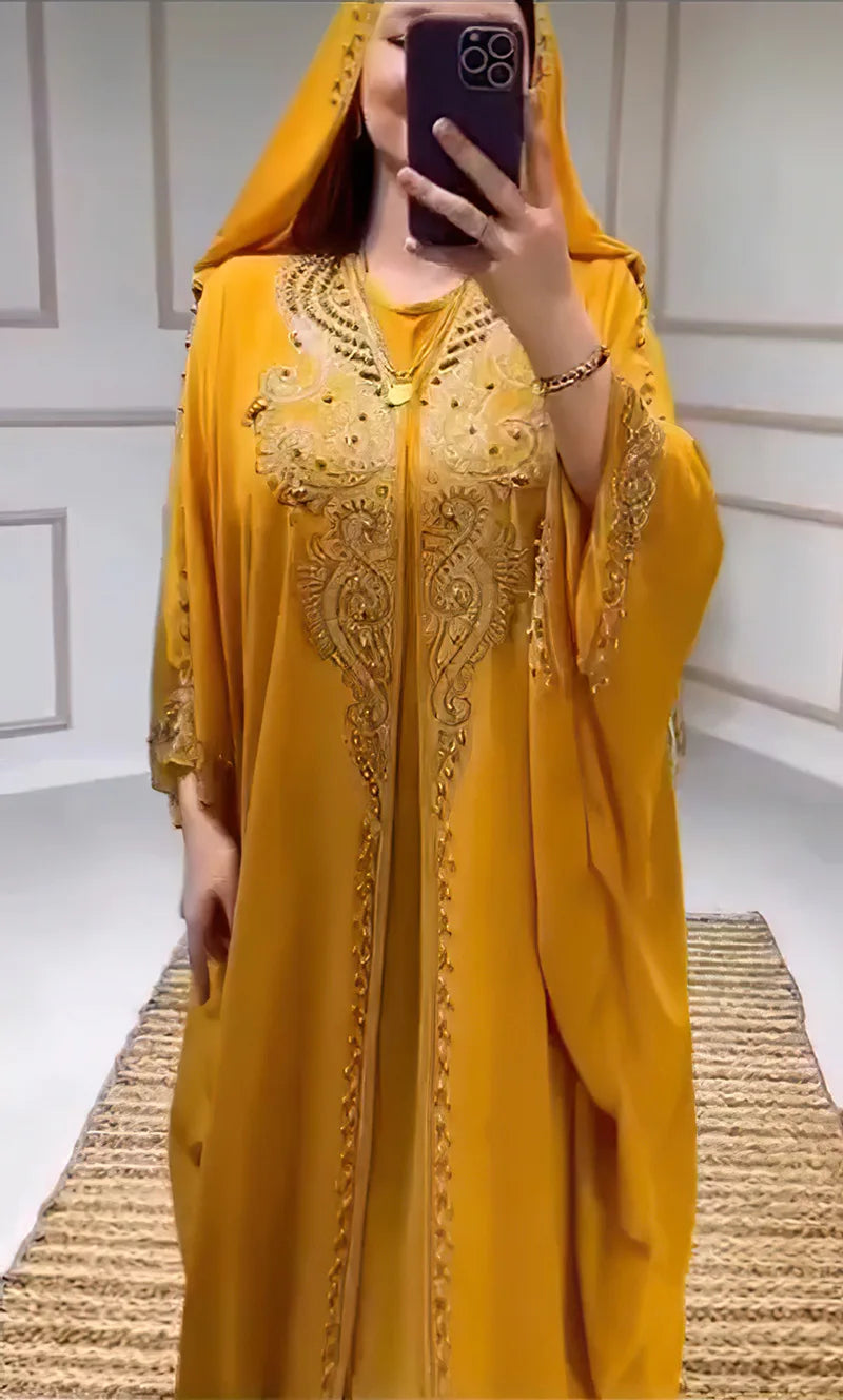 Eid Muslim Dress for Women – Hooded 2-Piece Diamond Jalabiya Kaftan