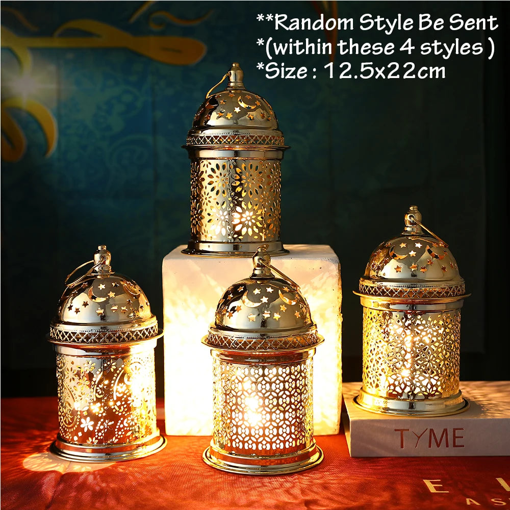 Gold Metal Lantern Lights Fancy Dome Ramadan Decoration Lamp With Music Eid Mubarak Home Decors Islamic Muslim Gifts Eid al-Fitr