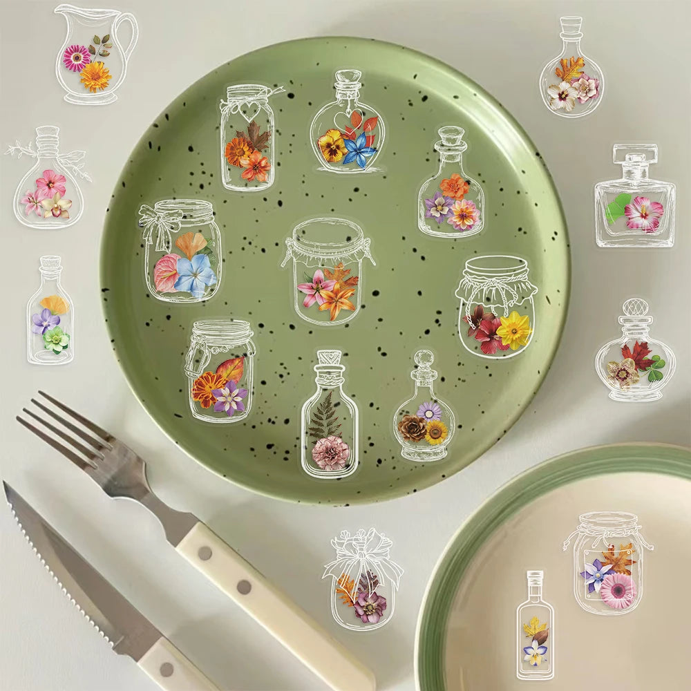 50/100PCS Glass Bottles with Dried Flower PET Sticker Waterproof Oil proof Transparent Romantic Art Colorful Flower Gift