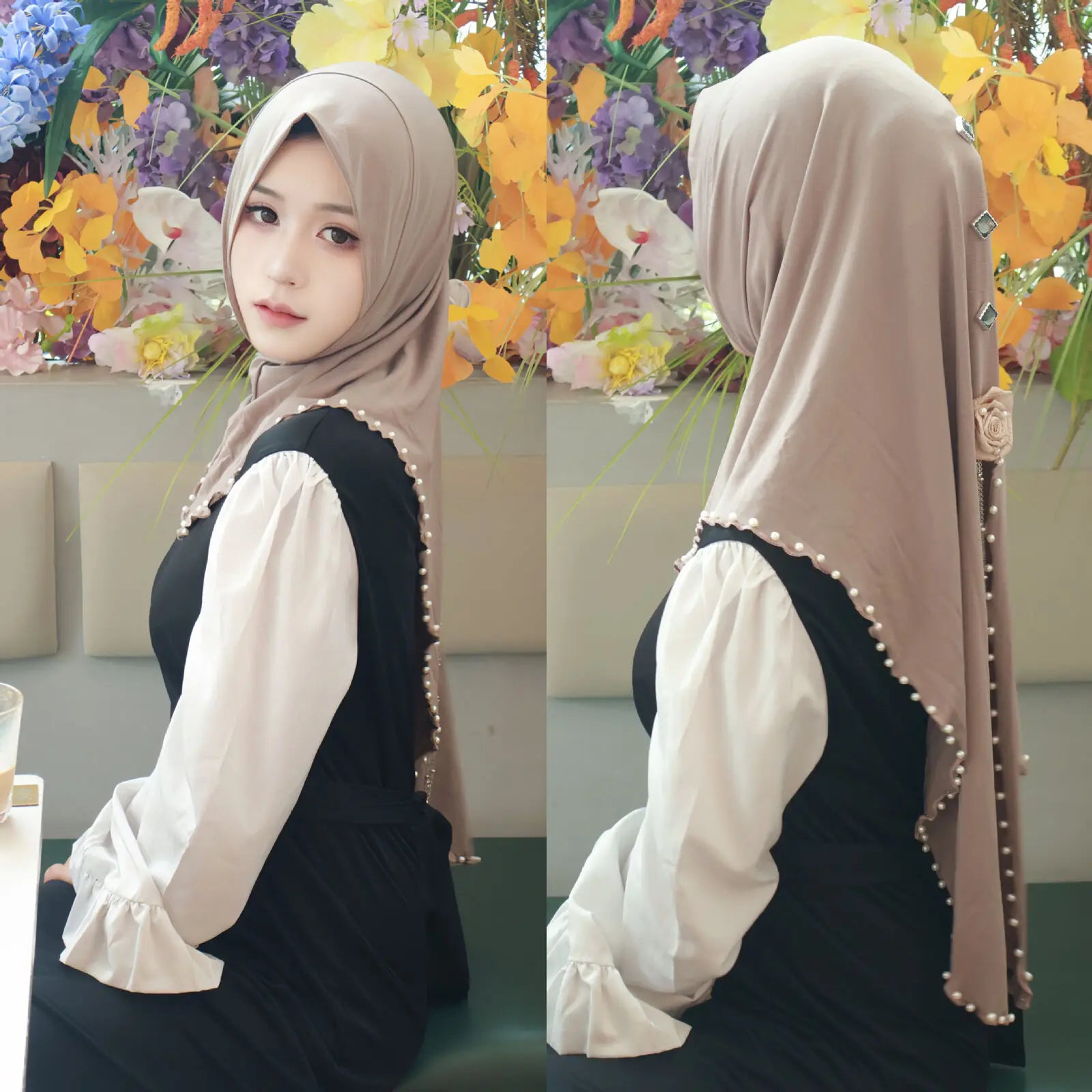 Women Fashion Beaded Headscarf Wear Directly Instant Hijab Arab Islamic Khimar Laides Shawls Eid Ramadan Turban