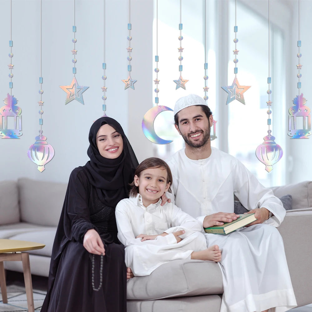 1Set EID Mubarak Paper Flash Star Moon Hanging Banner Decoration Ramadhan Kareem Islam Muslim Festival Party Gift Supplies